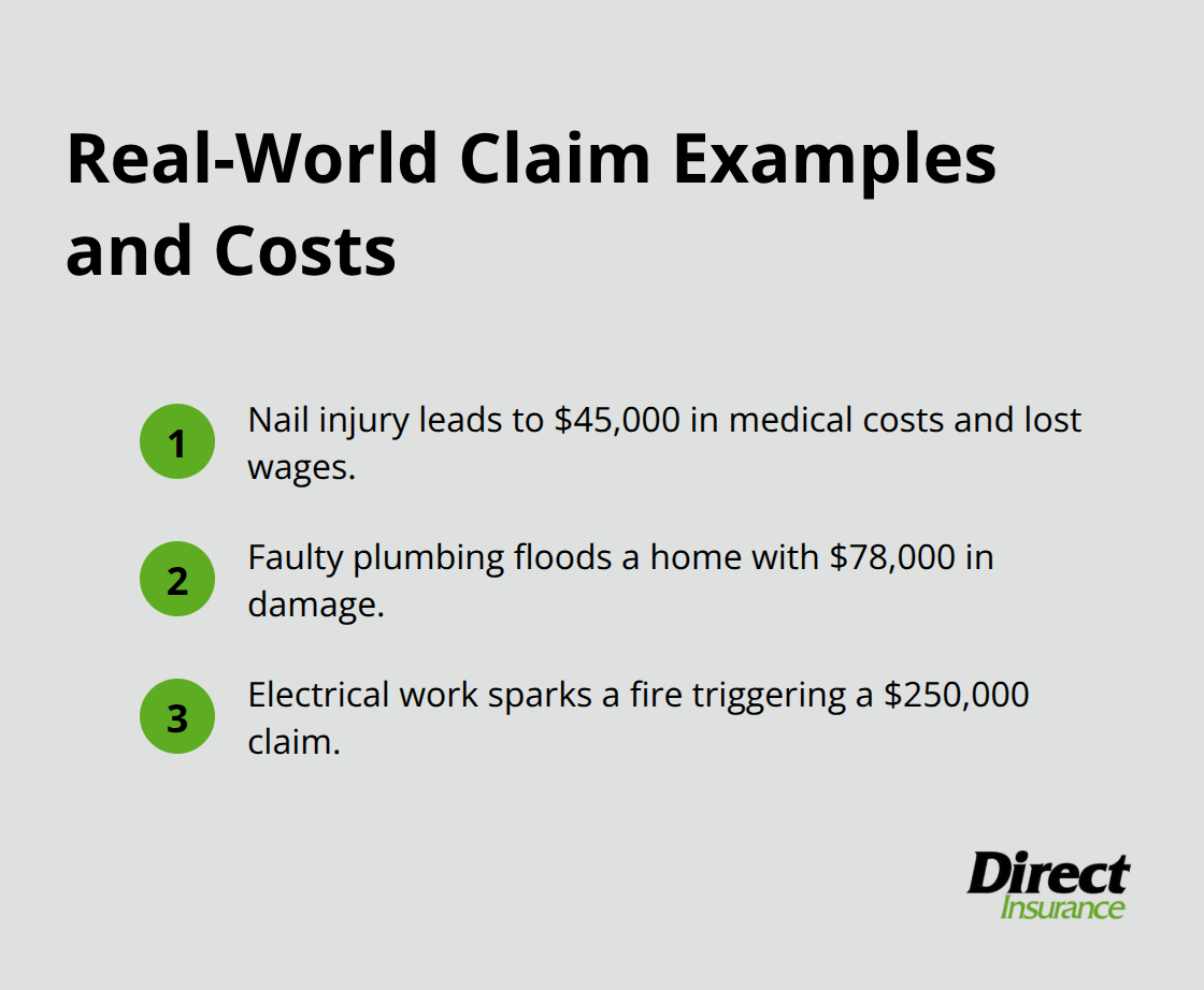 Three contractor claim scenarios with their associated dollar amounts - contractor liability coverage