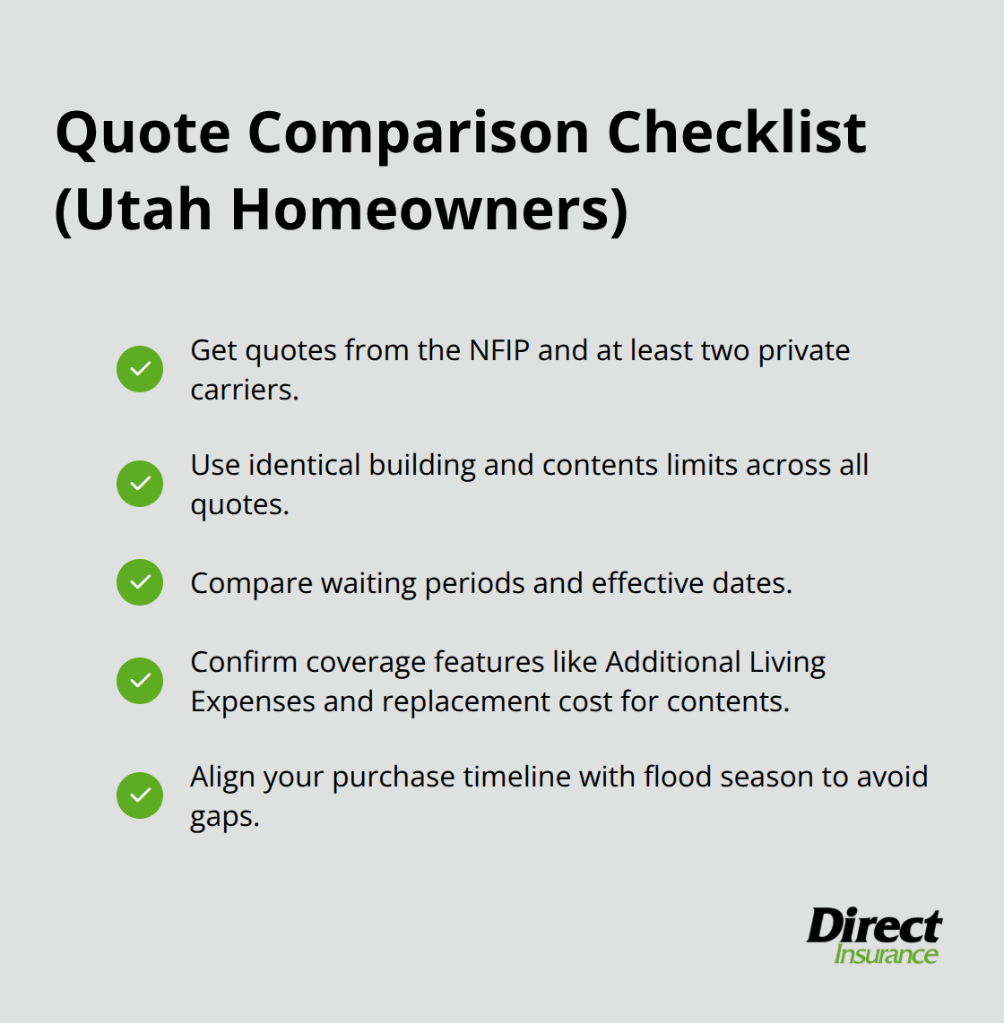Checklist of steps to compare NFIP and private flood insurance quotes for a Utah home. - flood coverage home insurance