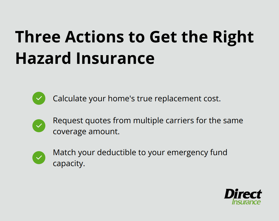 Checklist of three actions to secure appropriate hazard insurance for a home loan.