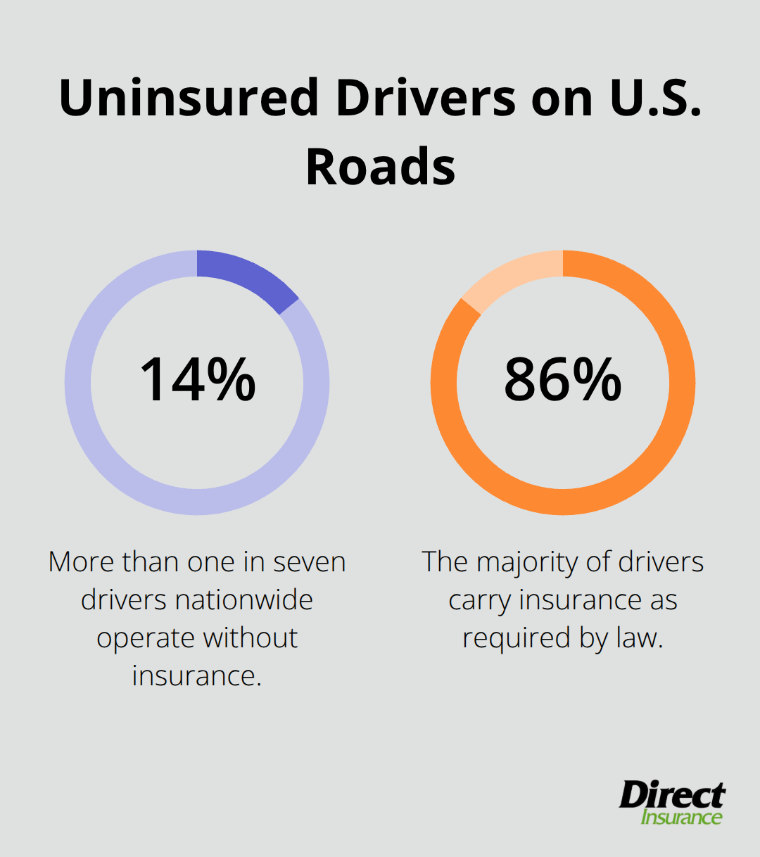 Percentage chart showing more than one in seven drivers (about 14%) operate without insurance nationwide - how much auto insurance do i need