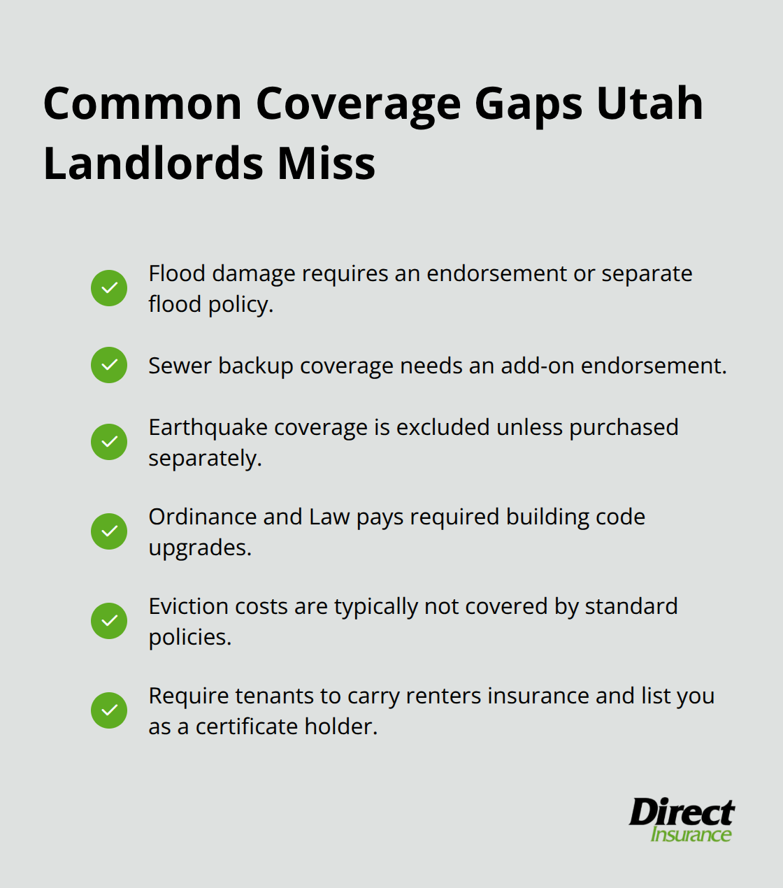 Checklist of frequent landlord insurance gaps in Utah to review and fill.