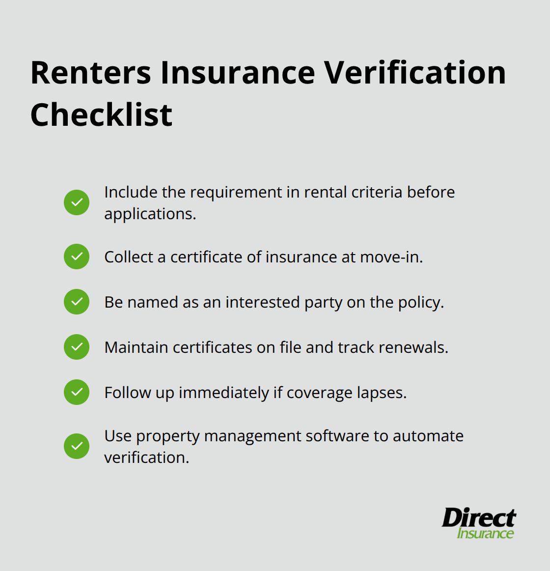 Checklist of steps landlords should take to verify renters insurance. - should landlord require renters insurance